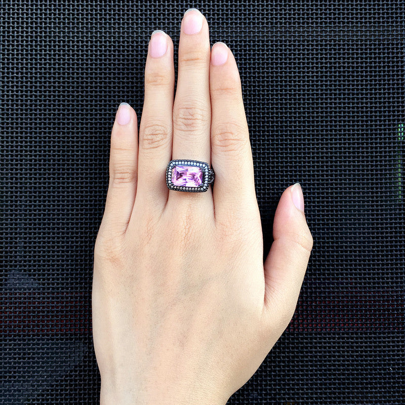 Bague Femme Zircon Rose - Ornement Boule Plaqué Or Noir Élégante - SADJÉ