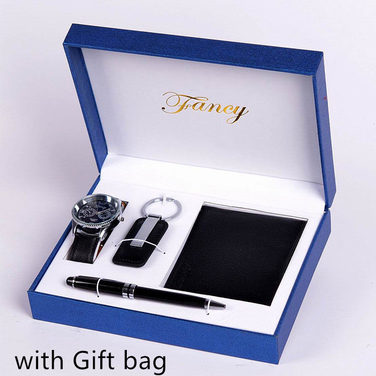 Coffret Cadeau Homme 4 Pièces - Portefeuille Montre Porte-clés Stylo Luxe Business - SADJÉ