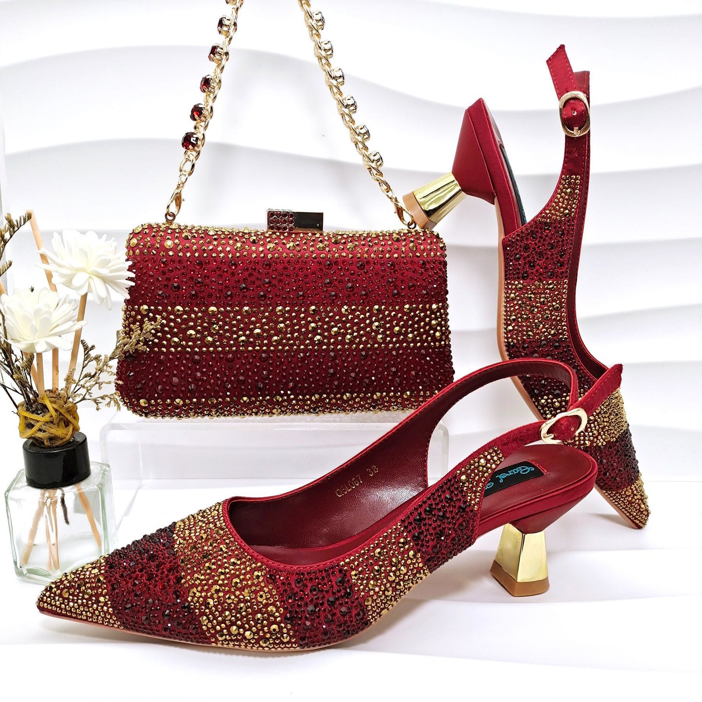 Ensemble Chaussures Sac Femme Rayures Strass - Talons Hauts Banquet - SADJÉ