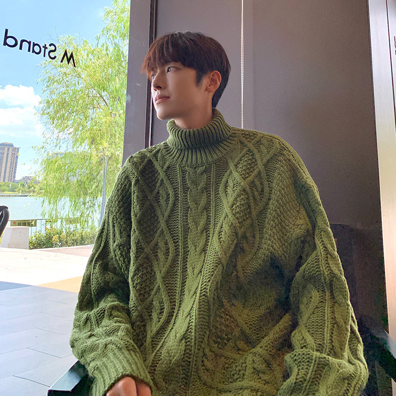 Pull Col Roulé Femme Jacquard Vert - Style Japonais Rétro Vintage Élégant - SADJÉ