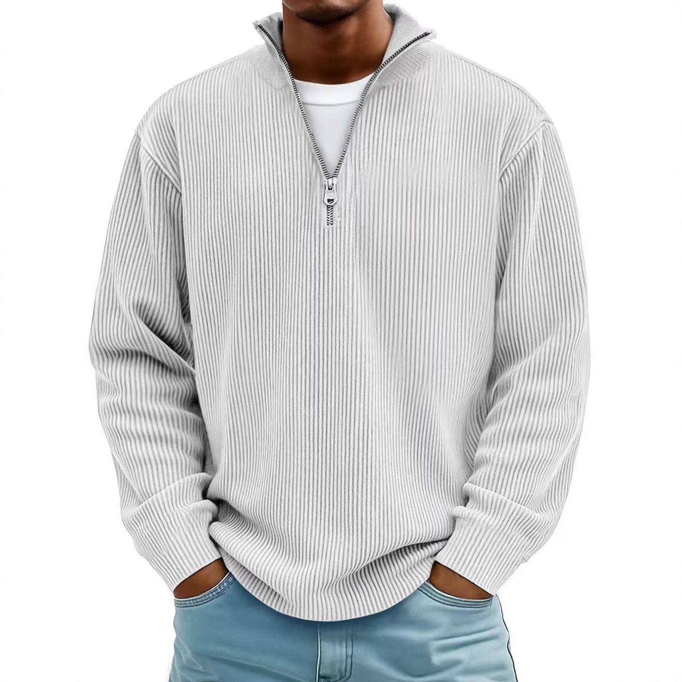 Pull Homme Col Montant Zippé Velours Côtelé Manches Longues - SADJÉ