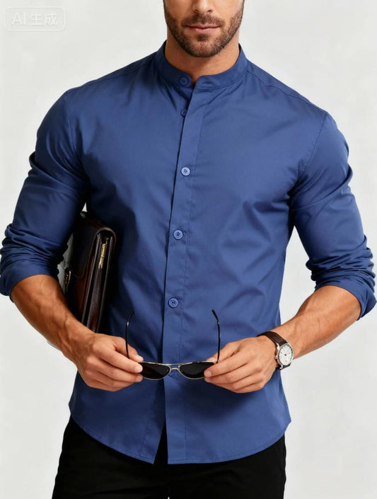 Chemise Homme Col Montant Bleu - Style Décontracté Business Casual Adolescent - SADJÉ