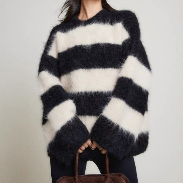 Pull Femme Col Rond Rayé - Effet Fausse Fourrure Vison Doux - SADJÉ
