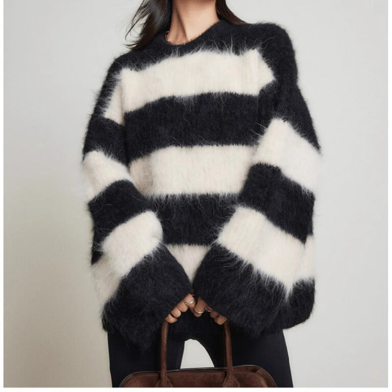 Pull Femme Col Rond Rayé - Effet Fausse Fourrure Vison Doux - SADJÉ