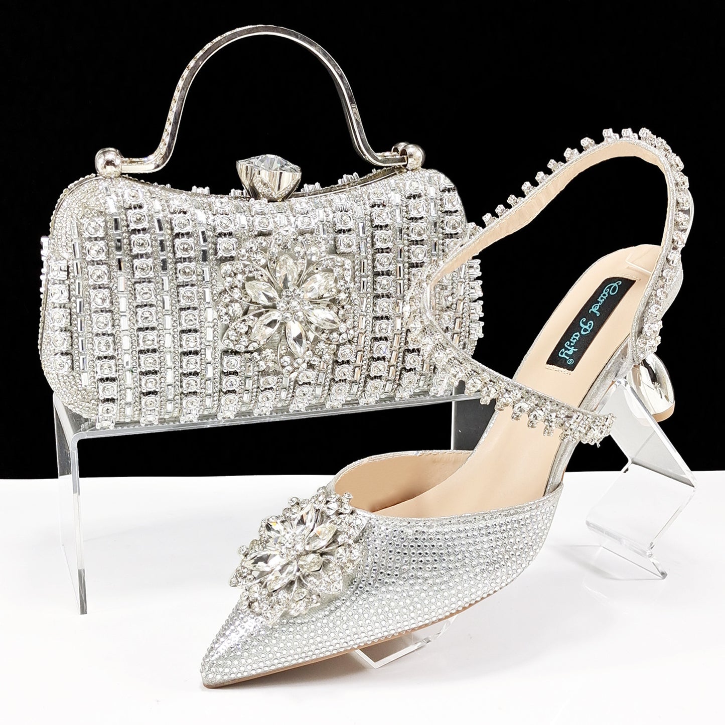 Ensemble Chaussures Sac Femme Strass Fleurs - Talons Hauts Soirée - SADJÉ