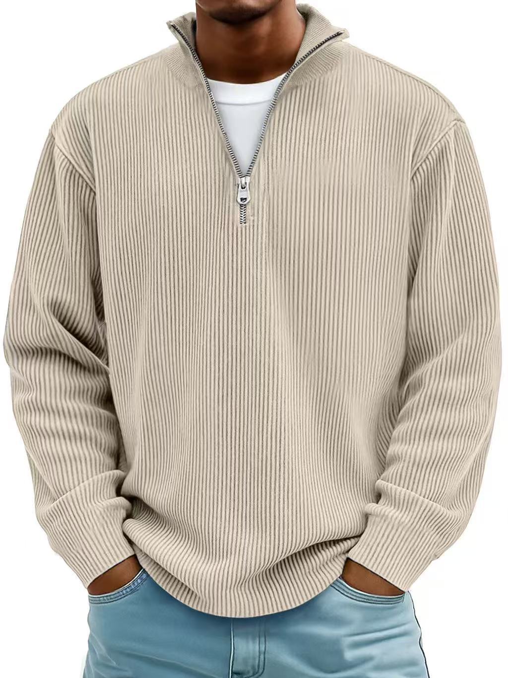 Pull Homme Col Montant Zippé Velours Côtelé Manches Longues - SADJÉ
