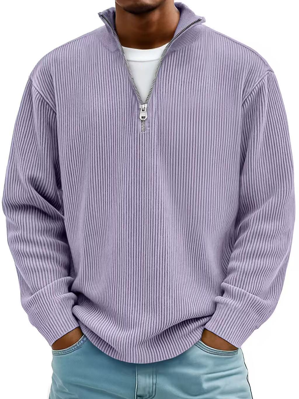 Pull Homme Col Montant Zippé Velours Côtelé Manches Longues - SADJÉ