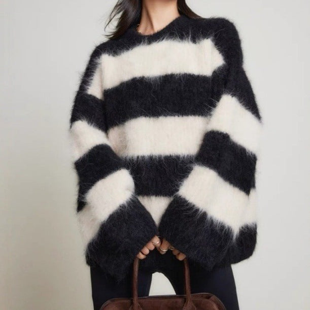 Pull Femme Col Rond Rayé - Effet Fausse Fourrure Vison Doux - SADJÉ
