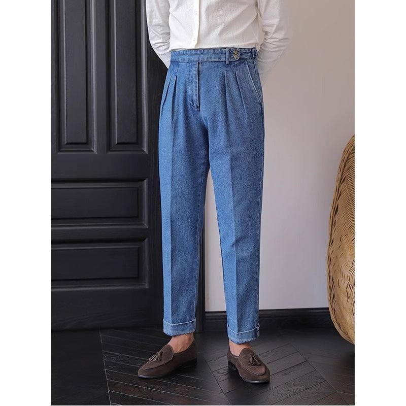 Jean Homme Taille Haute Bleu - Pantalon Droit Style Britannique - SADJÉ
