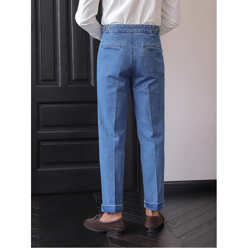 Jean Homme Taille Haute Bleu - Pantalon Droit Style Britannique - SADJÉ
