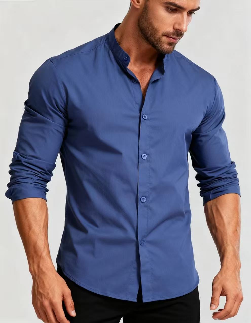 Chemise Homme Col Montant Bleu - Style Décontracté Business Casual Adolescent - SADJÉ