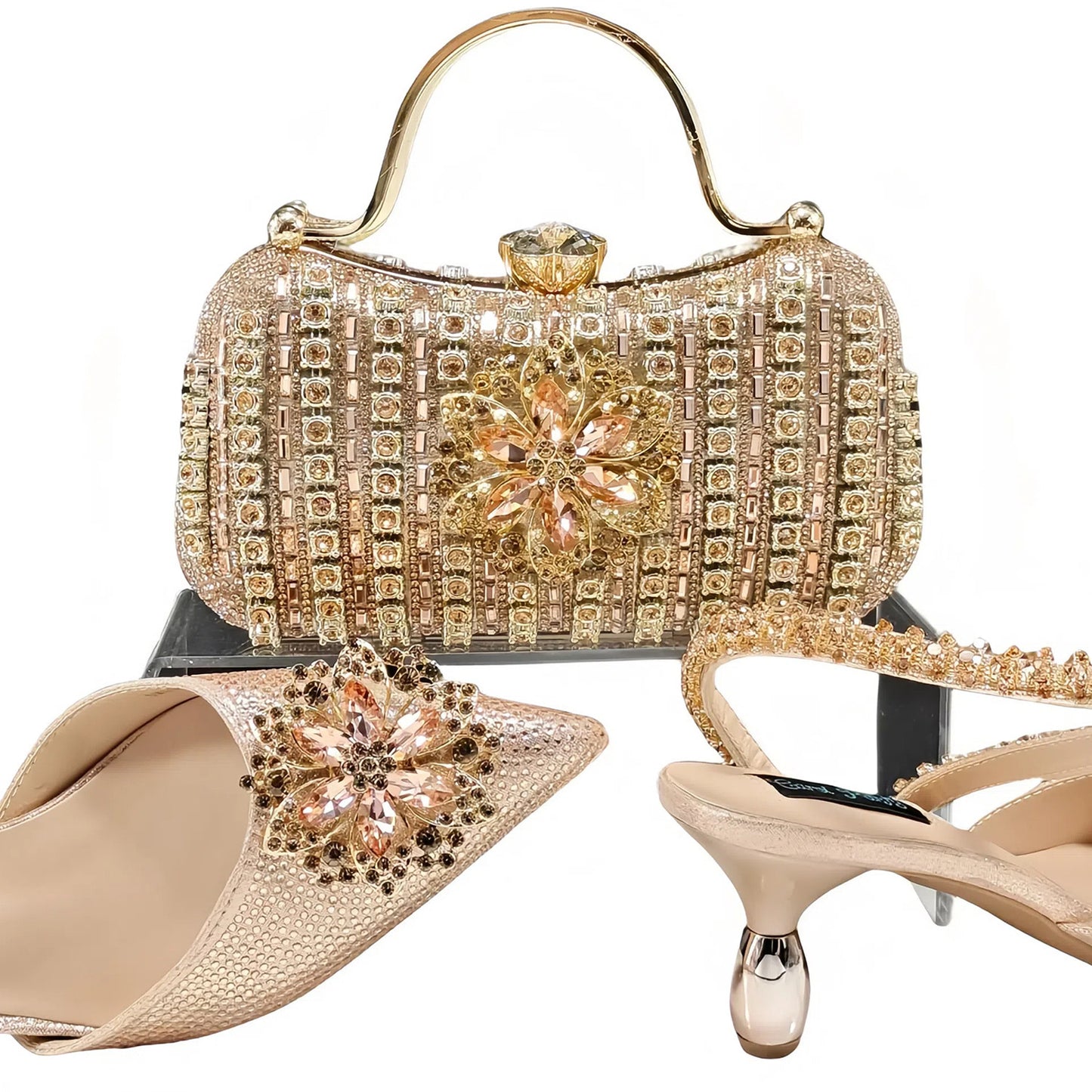 Ensemble Chaussures Sac Femme Strass Fleurs - Talons Hauts Soirée - SADJÉ
