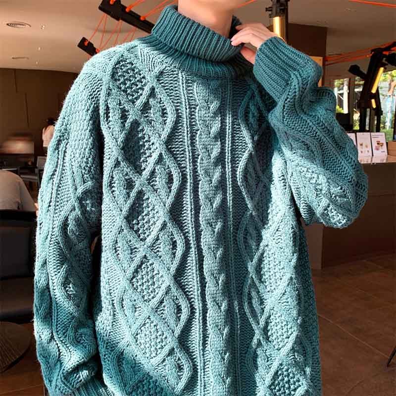 Pull Col Roulé Femme Jacquard Vert - Style Japonais Rétro Vintage Élégant - SADJÉ