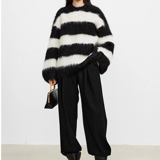 Pull Femme Col Rond Rayé - Effet Fausse Fourrure Vison Doux - SADJÉ