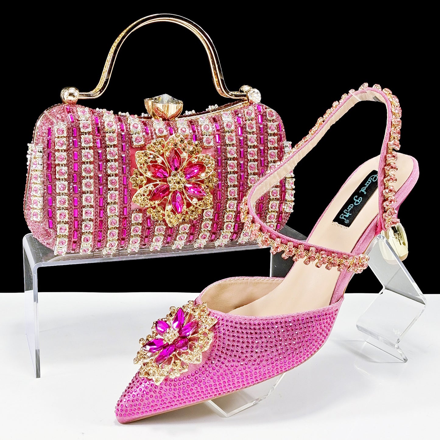 Ensemble Chaussures Sac Femme Strass Fleurs - Talons Hauts Soirée - SADJÉ