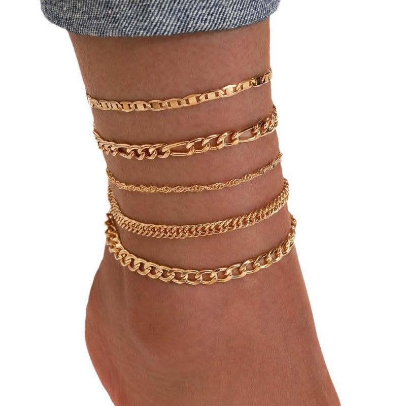Ensemble 5 Bracelets de Cheville Femme - Chaîne Serpent Métal Rétro Élégant - SADJÉ