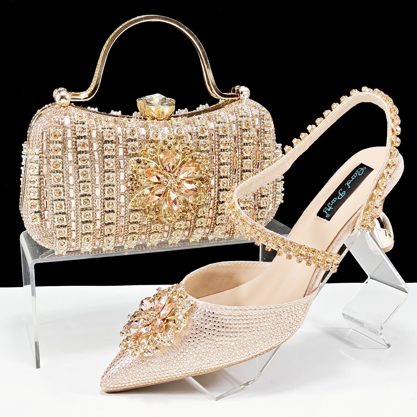 Ensemble Chaussures Sac Femme Strass Fleurs - Talons Hauts Soirée - SADJÉ