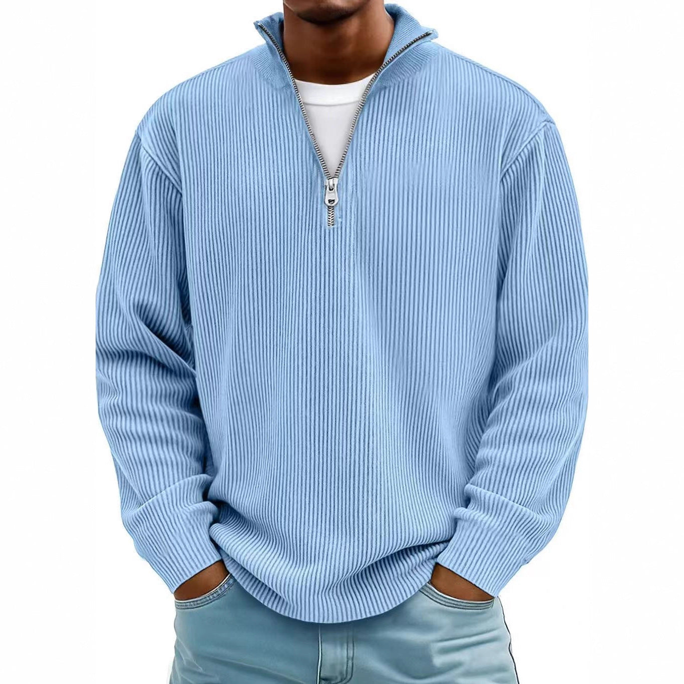 Pull Homme Col Montant Zippé Velours Côtelé Manches Longues - SADJÉ