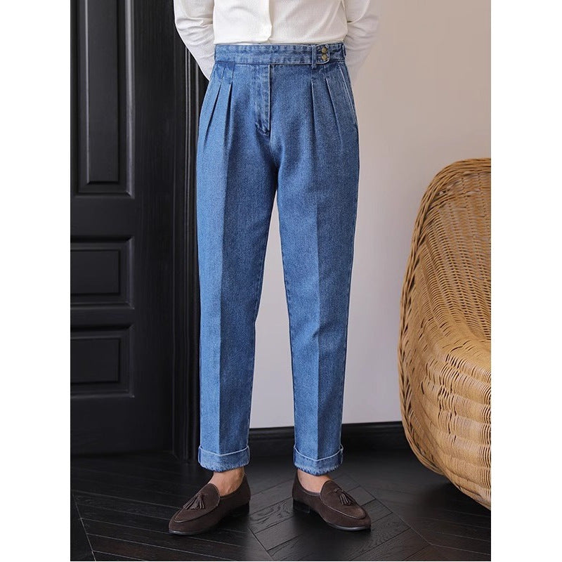 Jean Homme Taille Haute Bleu - Pantalon Droit Style Britannique - SADJÉ
