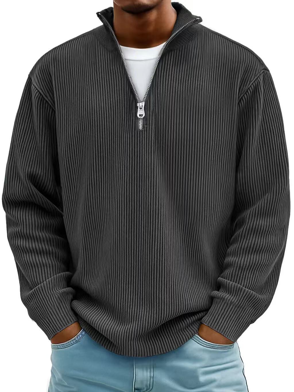 Pull Homme Col Montant Zippé Velours Côtelé Manches Longues - SADJÉ