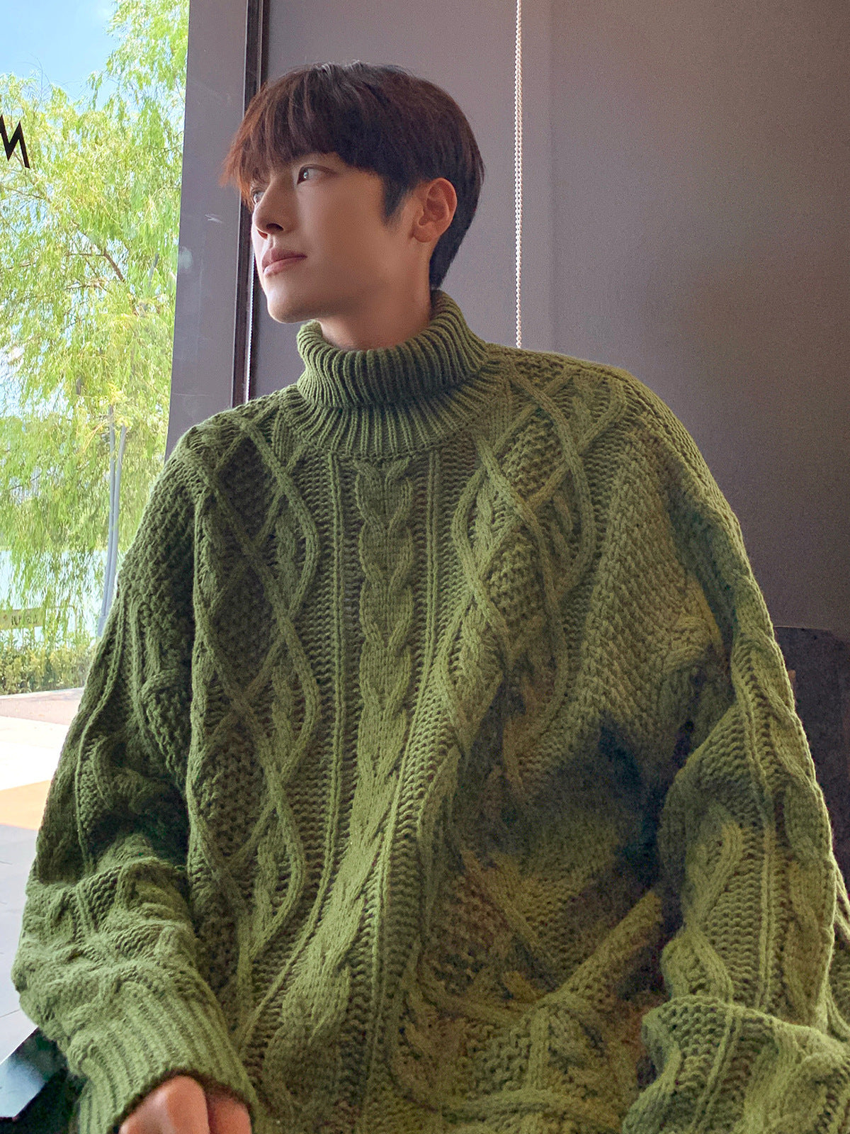 Pull Col Roulé Femme Jacquard Vert - Style Japonais Rétro Vintage Élégant - SADJÉ
