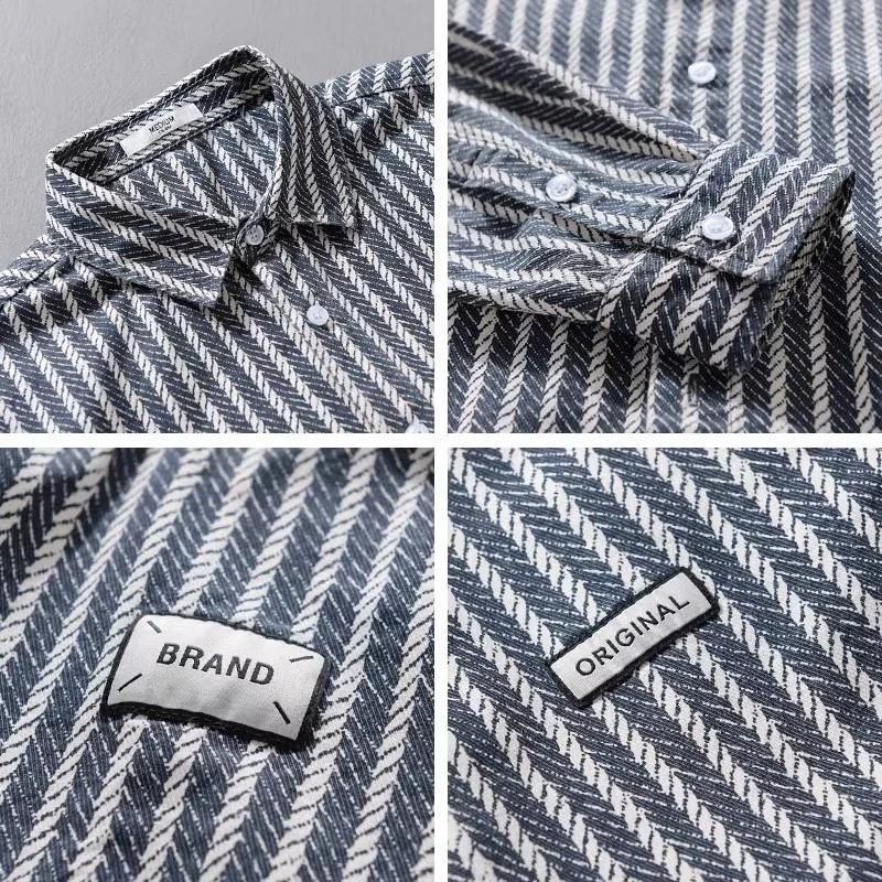 Veste Chemise Homme Printemps Col Montant - Rayures Personnalisées Lin Décontracté - SADJÉ