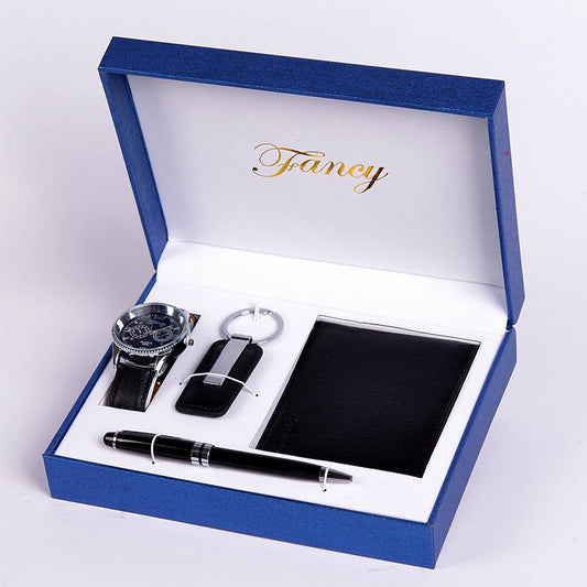 Coffret Cadeau Homme 4 Pièces - Portefeuille Montre Porte-clés Stylo Luxe Business - SADJÉ