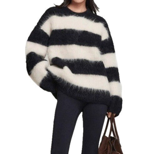 Pull Femme Col Rond Rayé - Effet Fausse Fourrure Vison Doux - SADJÉ