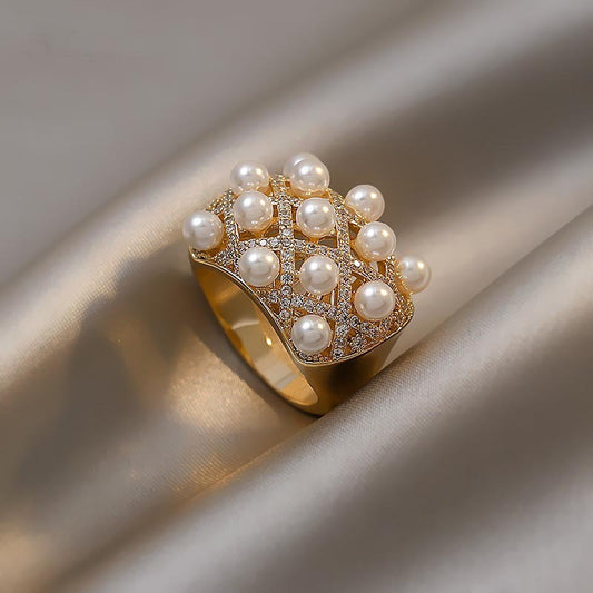 Bague Cuivre Zircon et Perle - Design Unique Ajustable - SADJÉ