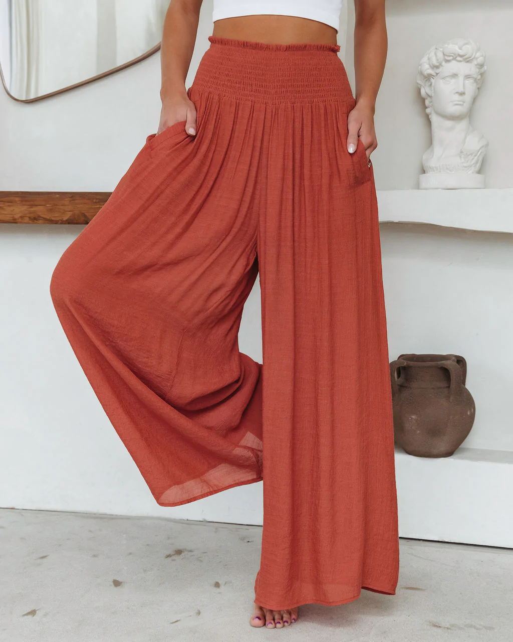 Pantalon Large Femme en Coton - Taille Élastique avec Poches Casual Confortable - SADJÉ