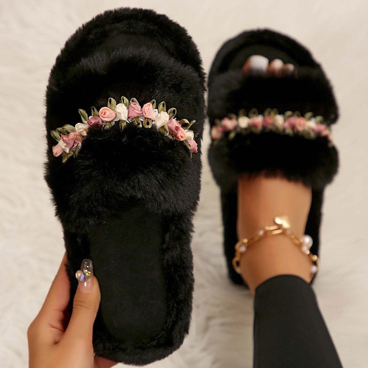 Chaussons Femme Fleuris Doux - Pantoufles Coton Maison Confort - SADJÉ