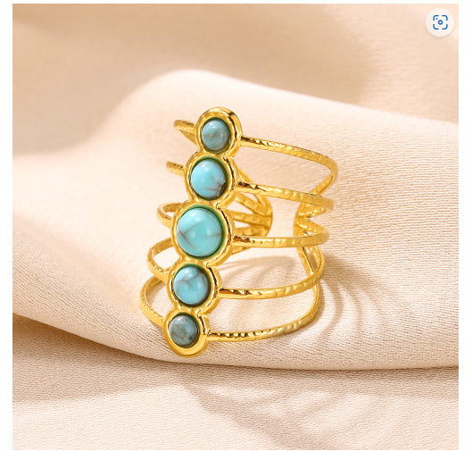 Bague Multicouche Turquoise Incrustée – Style Bohème Doré - SADJÉ