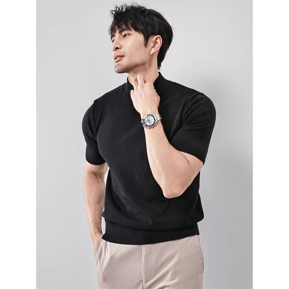 Pull Homme Col Montant Soie Glacée Uni - Tricot Léger - SADJÉ
