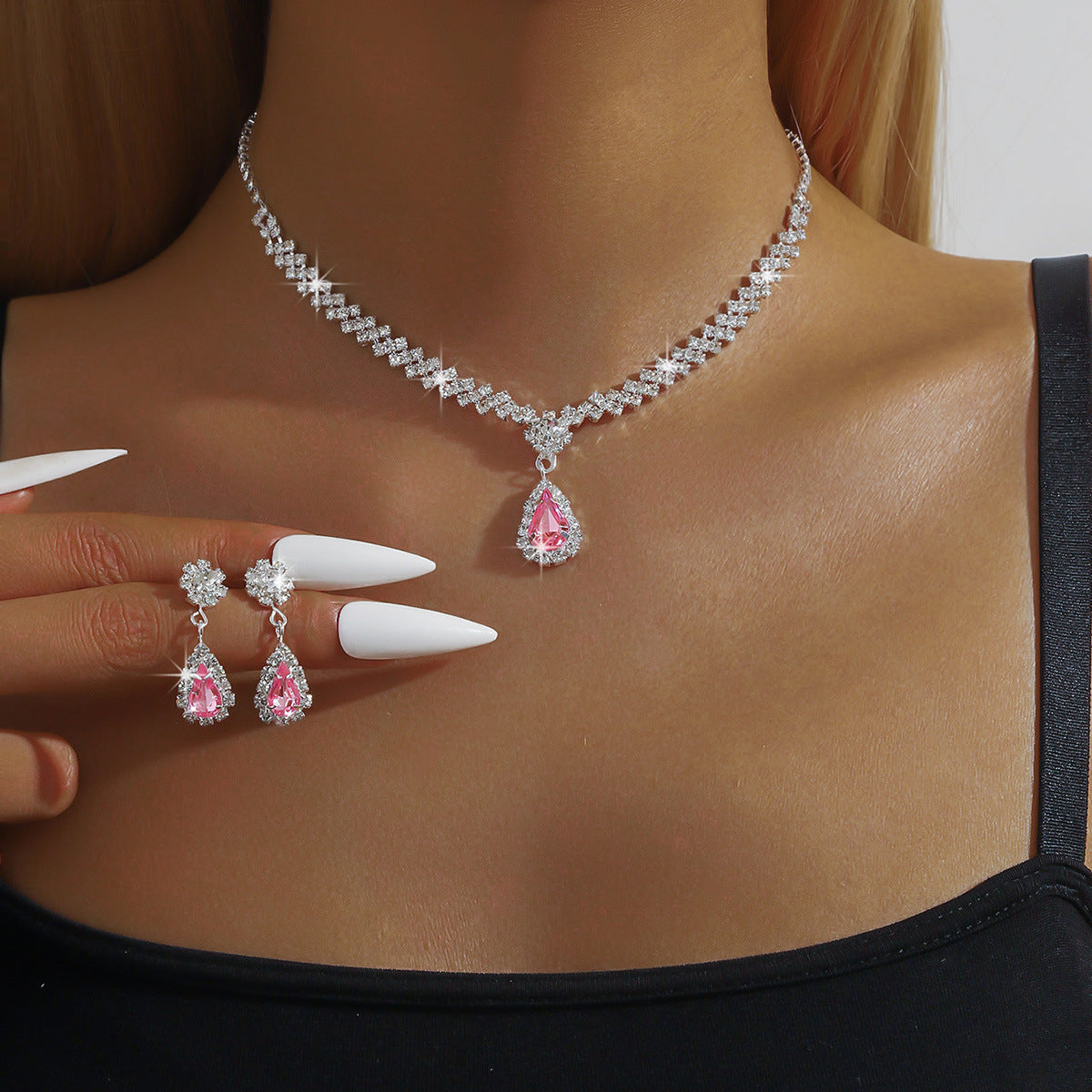 Parure Bijoux Gouttes d'Eau - Collier et Boucles d'Oreilles Strass 35g - SADJÉ