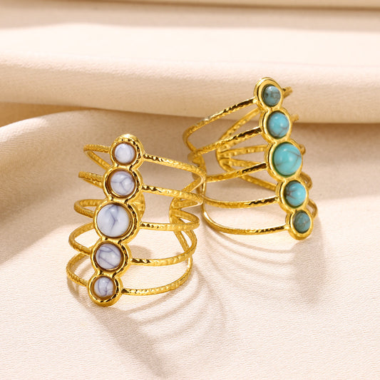 Bague Multicouche Turquoise Incrustée – Style Bohème Doré - SADJÉ