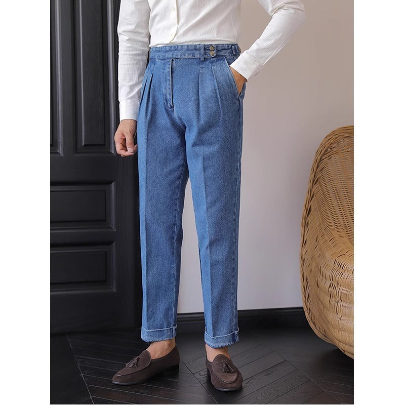 Jean Homme Taille Haute Bleu - Pantalon Droit Style Britannique - SADJÉ
