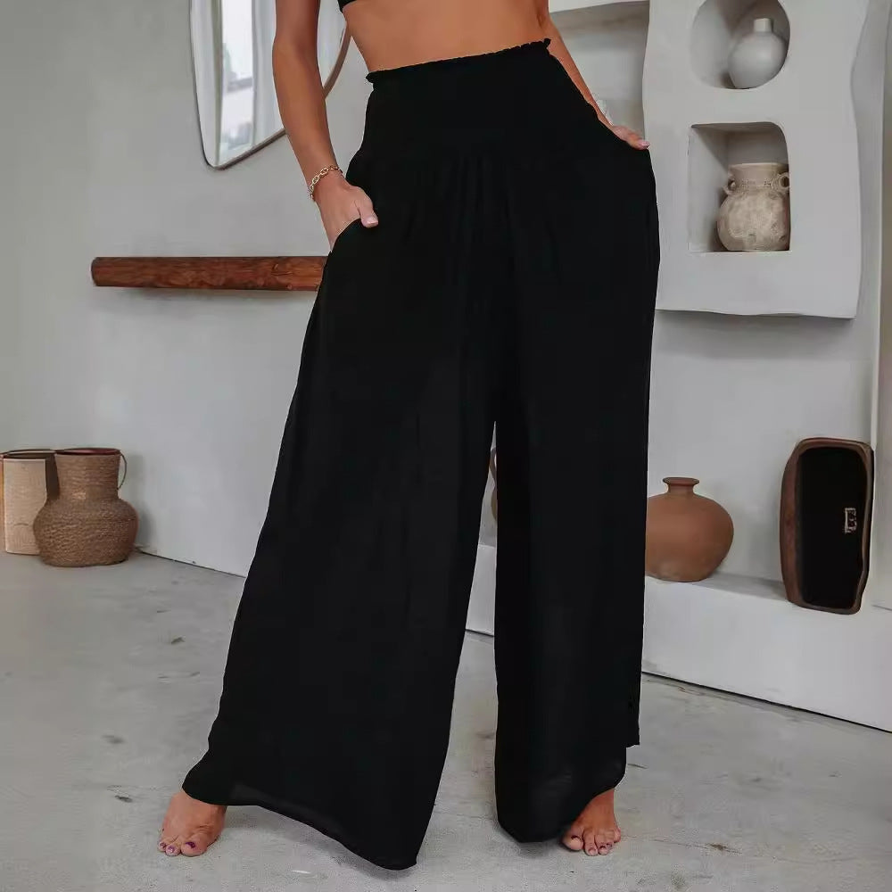 Pantalon Large Femme en Coton - Taille Élastique avec Poches Casual Confortable - SADJÉ