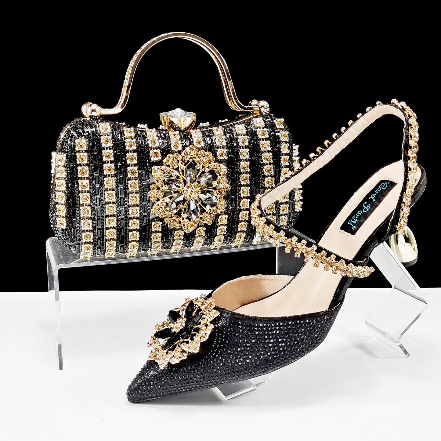 Ensemble Chaussures Sac Femme Strass Fleurs - Talons Hauts Soirée - SADJÉ
