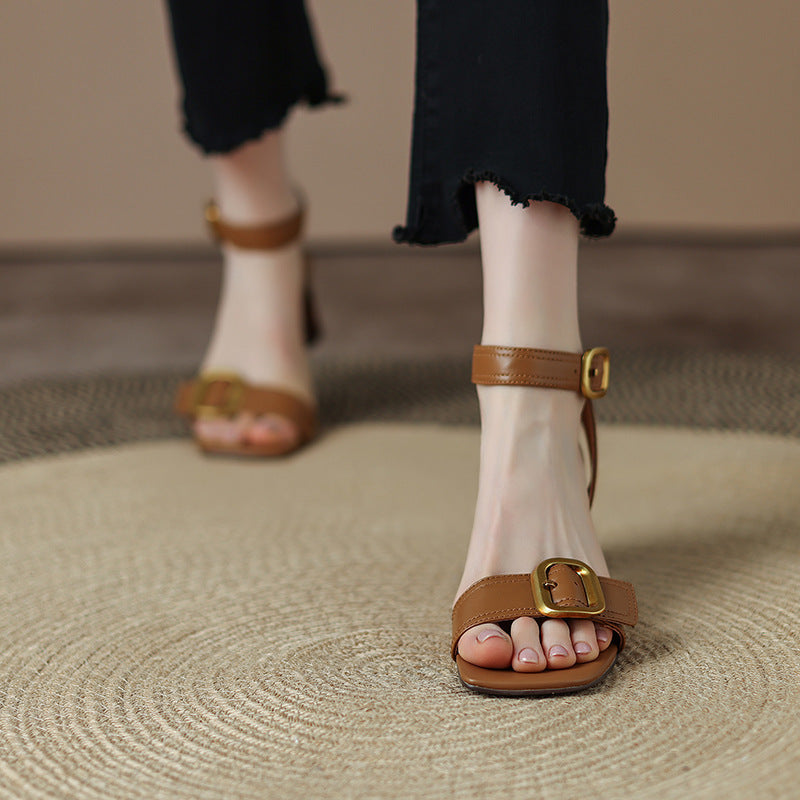 Sandales Talons Femme Rétro - Bout Carré Bride Cheville Élégantes - SADJÉ