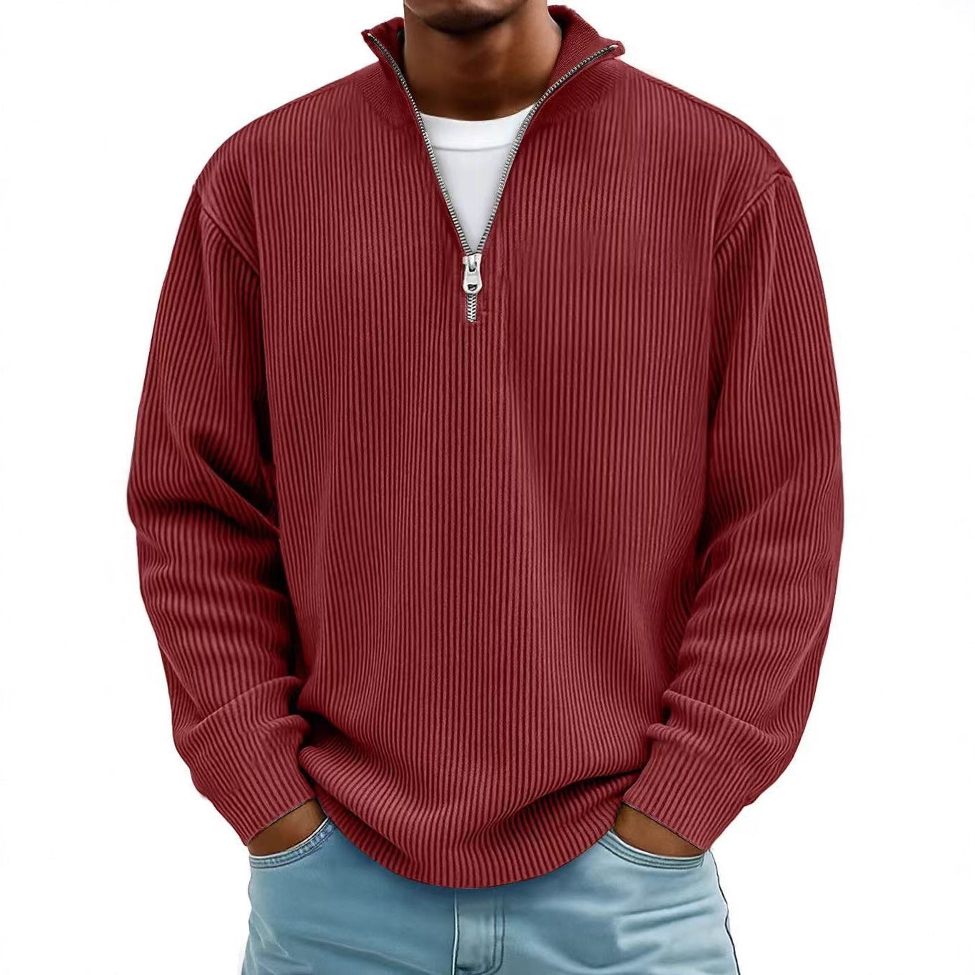Pull Homme Col Montant Zippé Velours Côtelé Manches Longues - SADJÉ