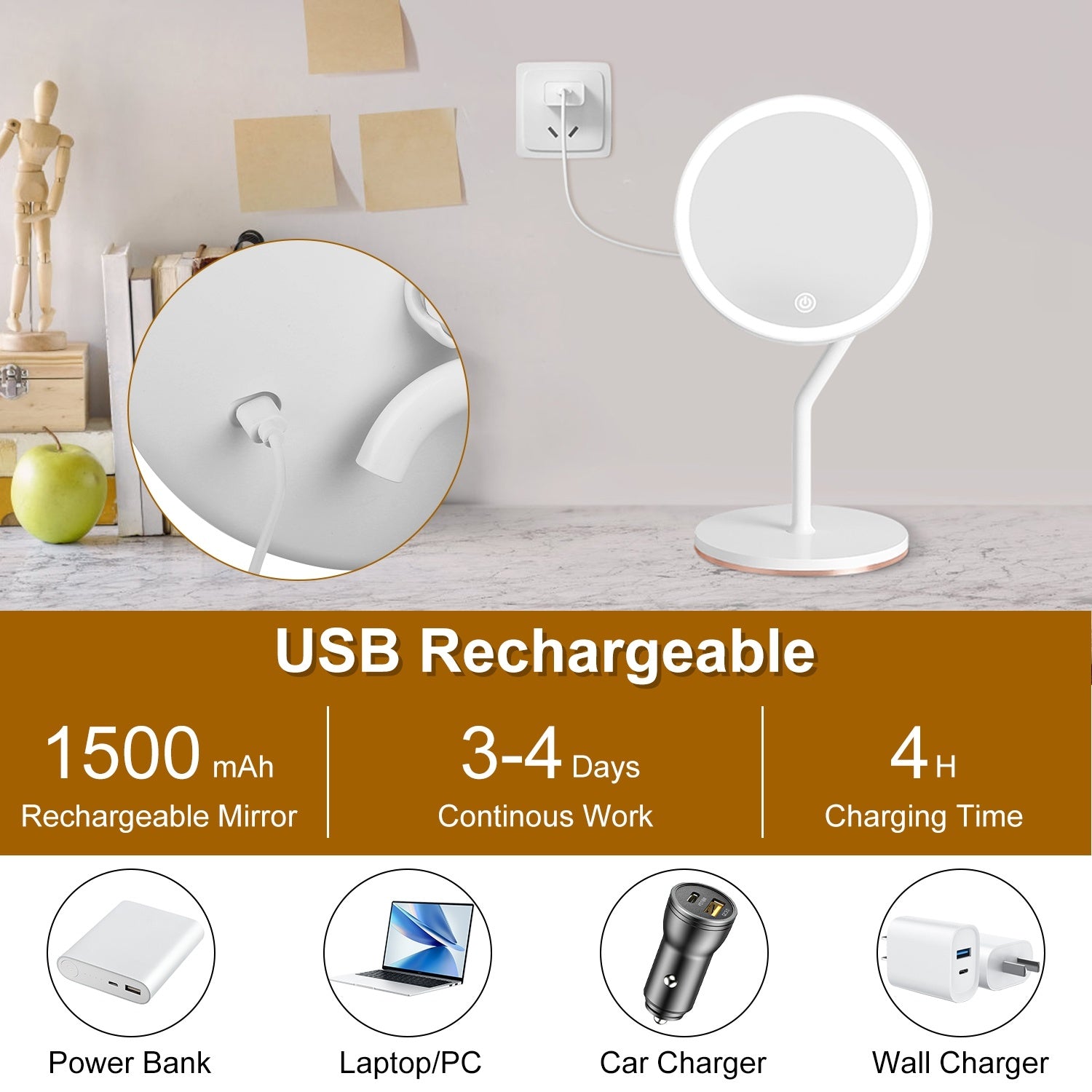 Miroir Maquillage Lumineux Grossissant 5X LED Rechargeable - SADJÉ