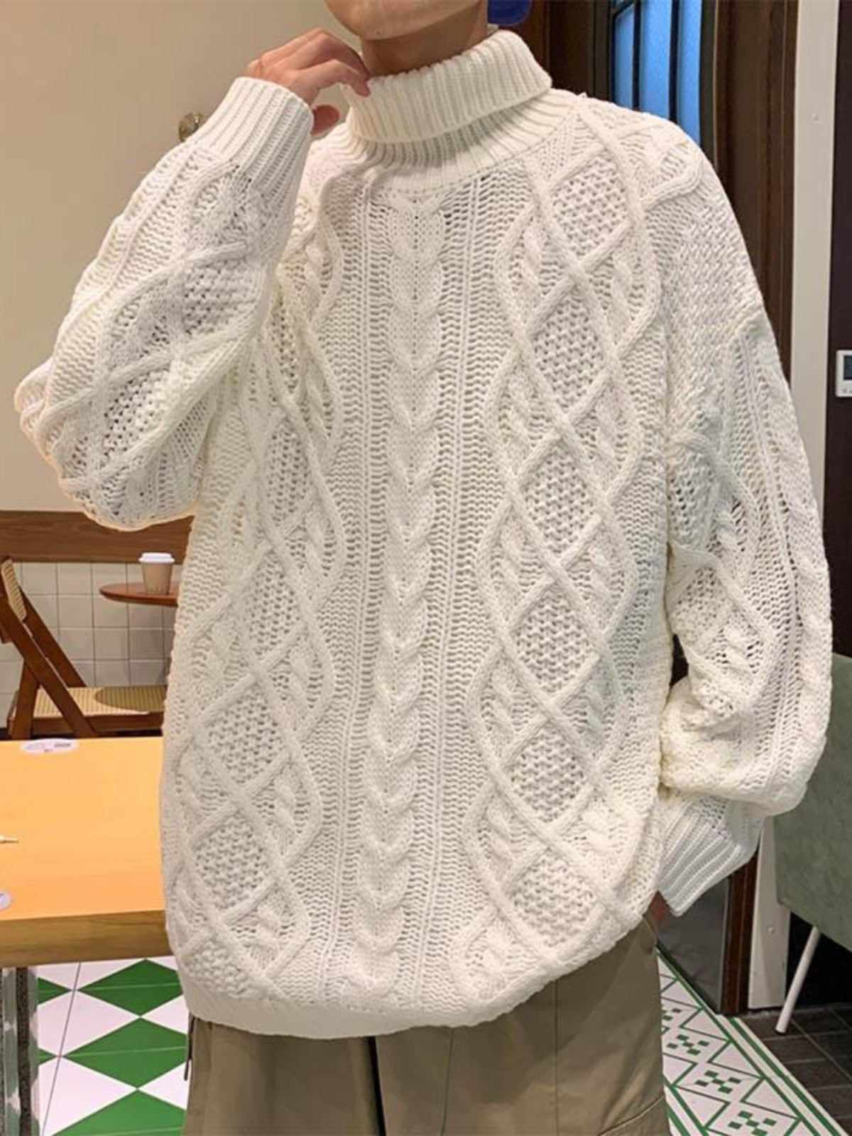 Pull Col Roulé Femme Jacquard Vert - Style Japonais Rétro Vintage Élégant - SADJÉ