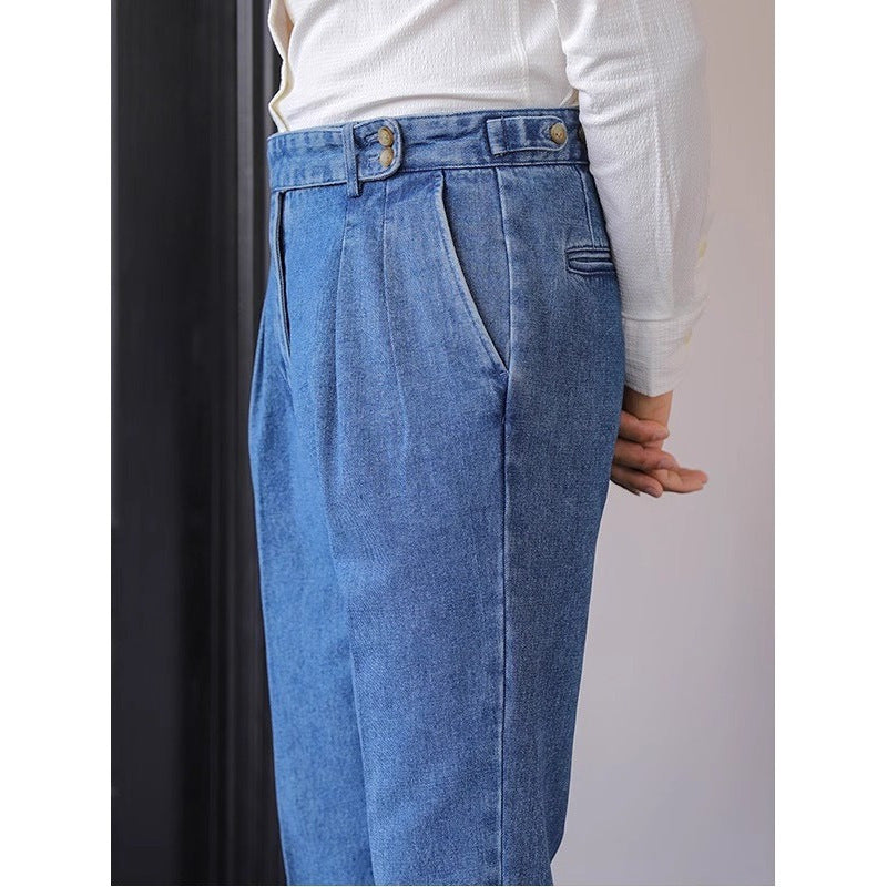 Jean Homme Taille Haute Bleu - Pantalon Droit Style Britannique - SADJÉ
