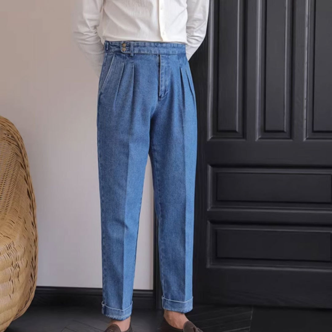 Jean Homme Taille Haute Bleu - Pantalon Droit Style Britannique - SADJÉ