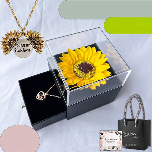 Boîte à Bijoux Tournesol Acrylique avec Collier - Coffret Cadeau Fleur Artificielle - SADJÉ