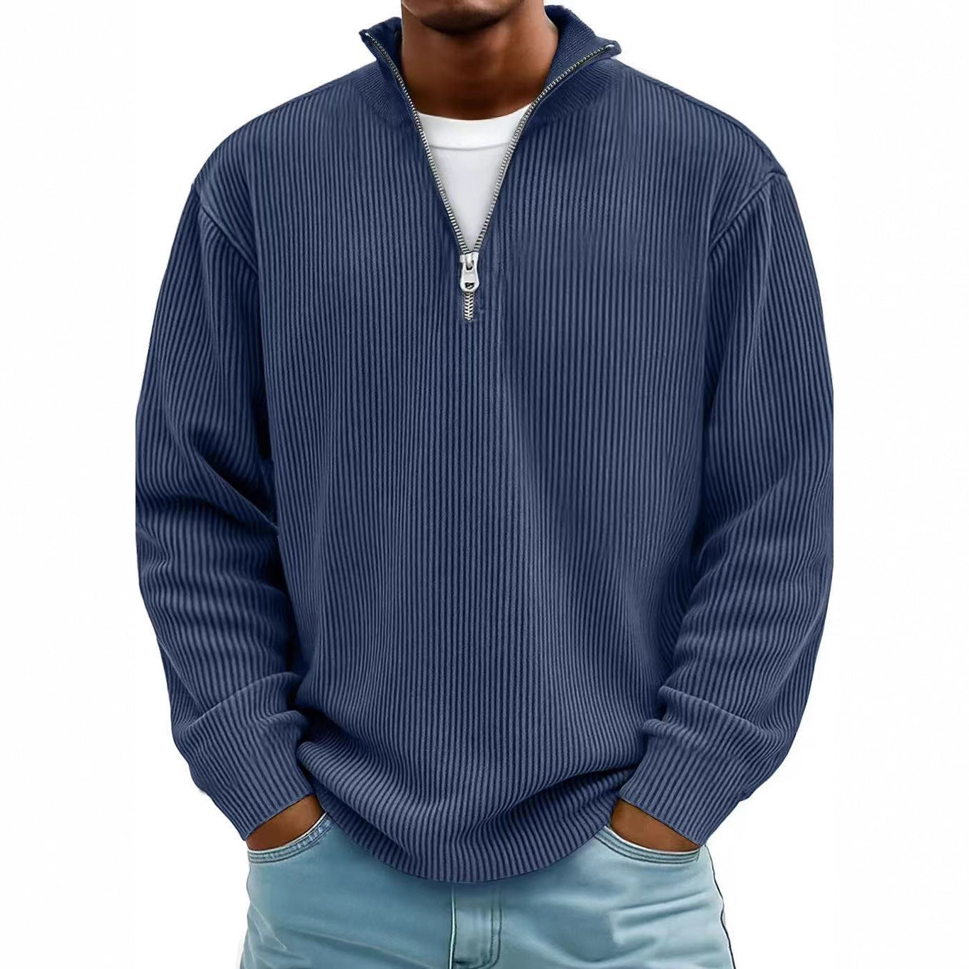 Pull Homme Col Montant Zippé Velours Côtelé Manches Longues - SADJÉ