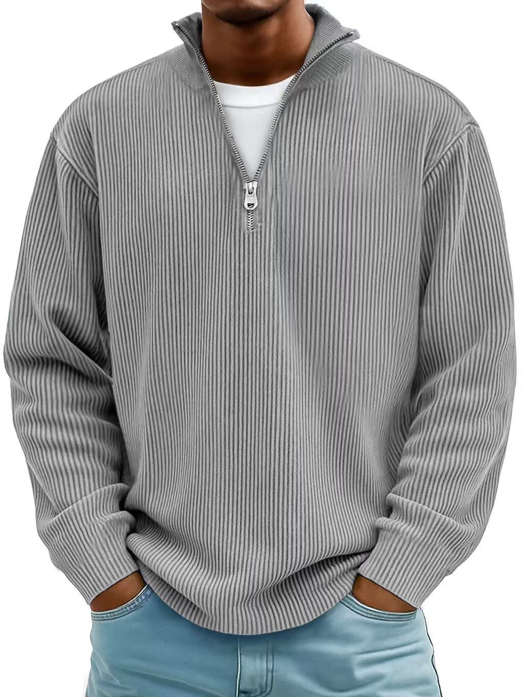 Pull Homme Col Montant Zippé Velours Côtelé Manches Longues - SADJÉ