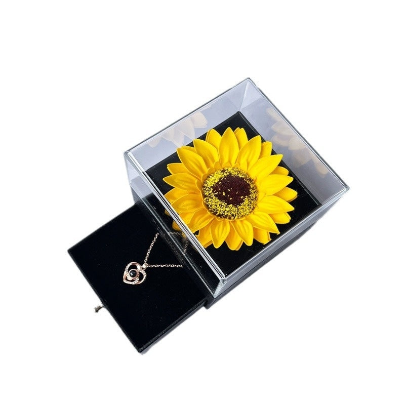 Boîte à Bijoux Tournesol Acrylique avec Collier - Coffret Cadeau Fleur Artificielle - SADJÉ