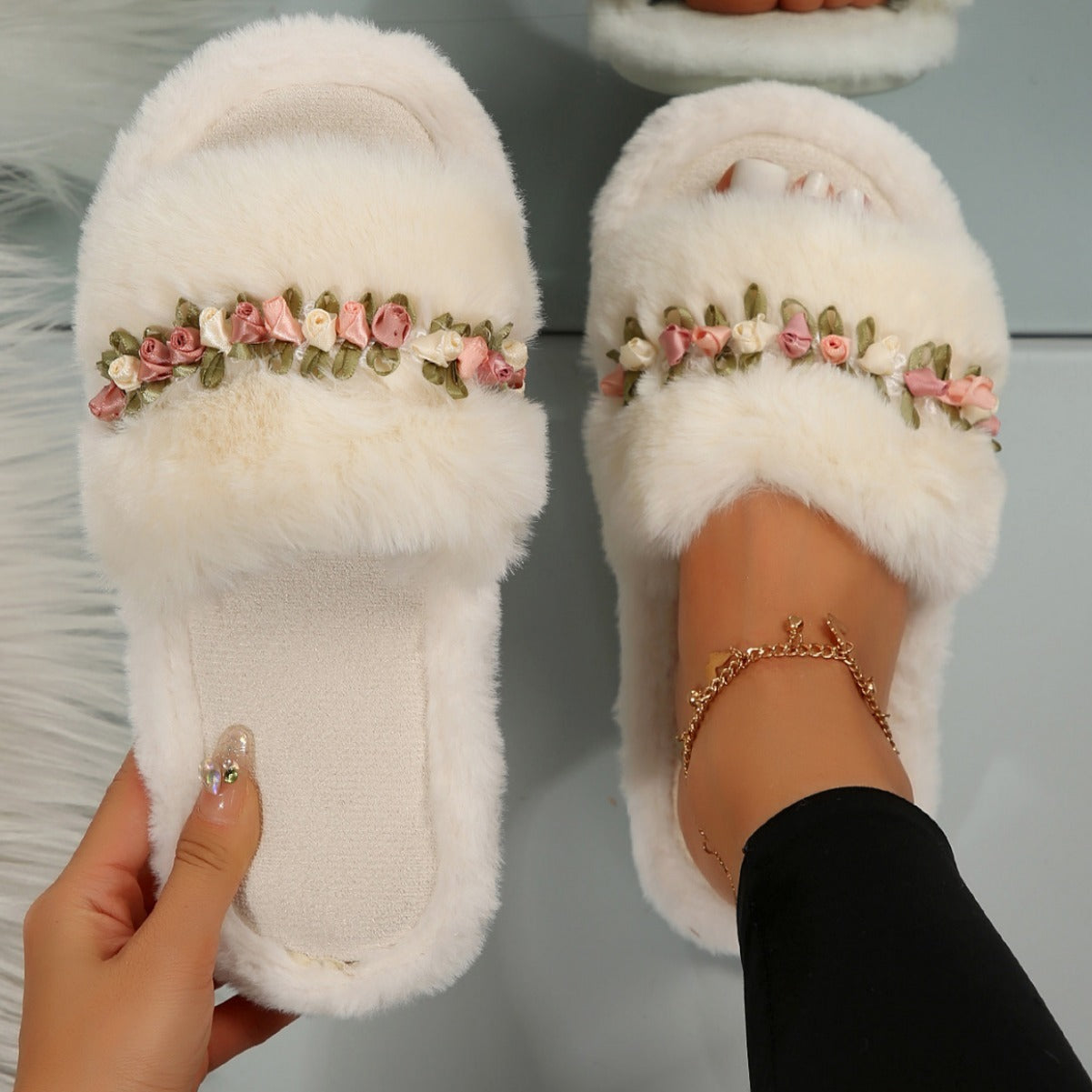 Chaussons Femme Fleuris Doux - Pantoufles Coton Maison Confort - SADJÉ