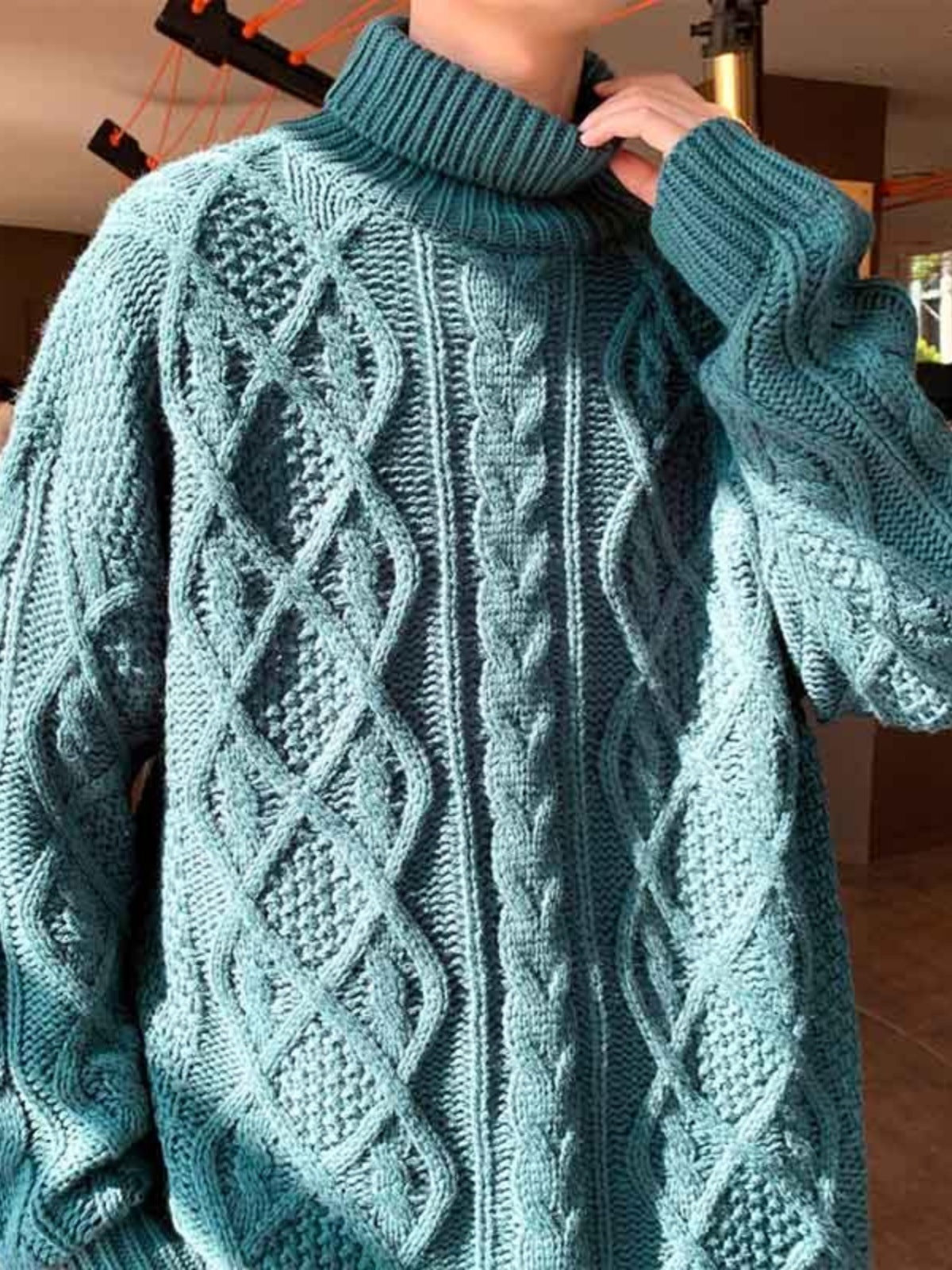 Pull Col Roulé Femme Jacquard Vert - Style Japonais Rétro Vintage Élégant - SADJÉ